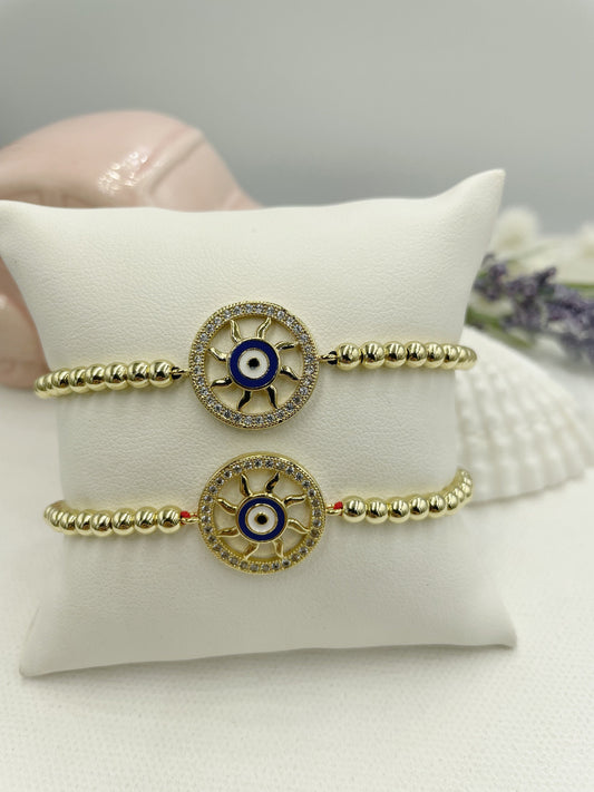 Cubic Zirconia Round Greek Eye Pendant Beaded Bracelet