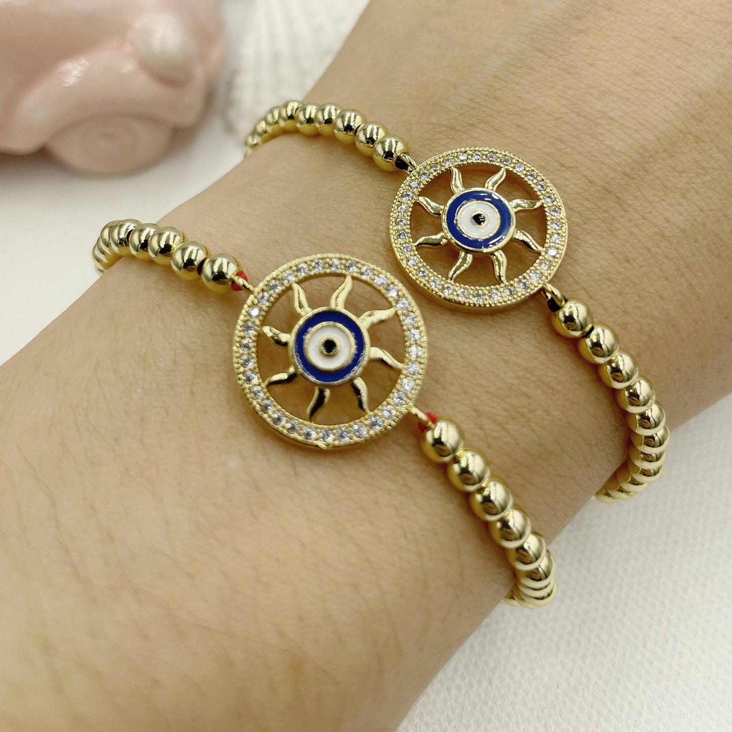 Cubic Zirconia Round Greek Eye Pendant Beaded Bracelet