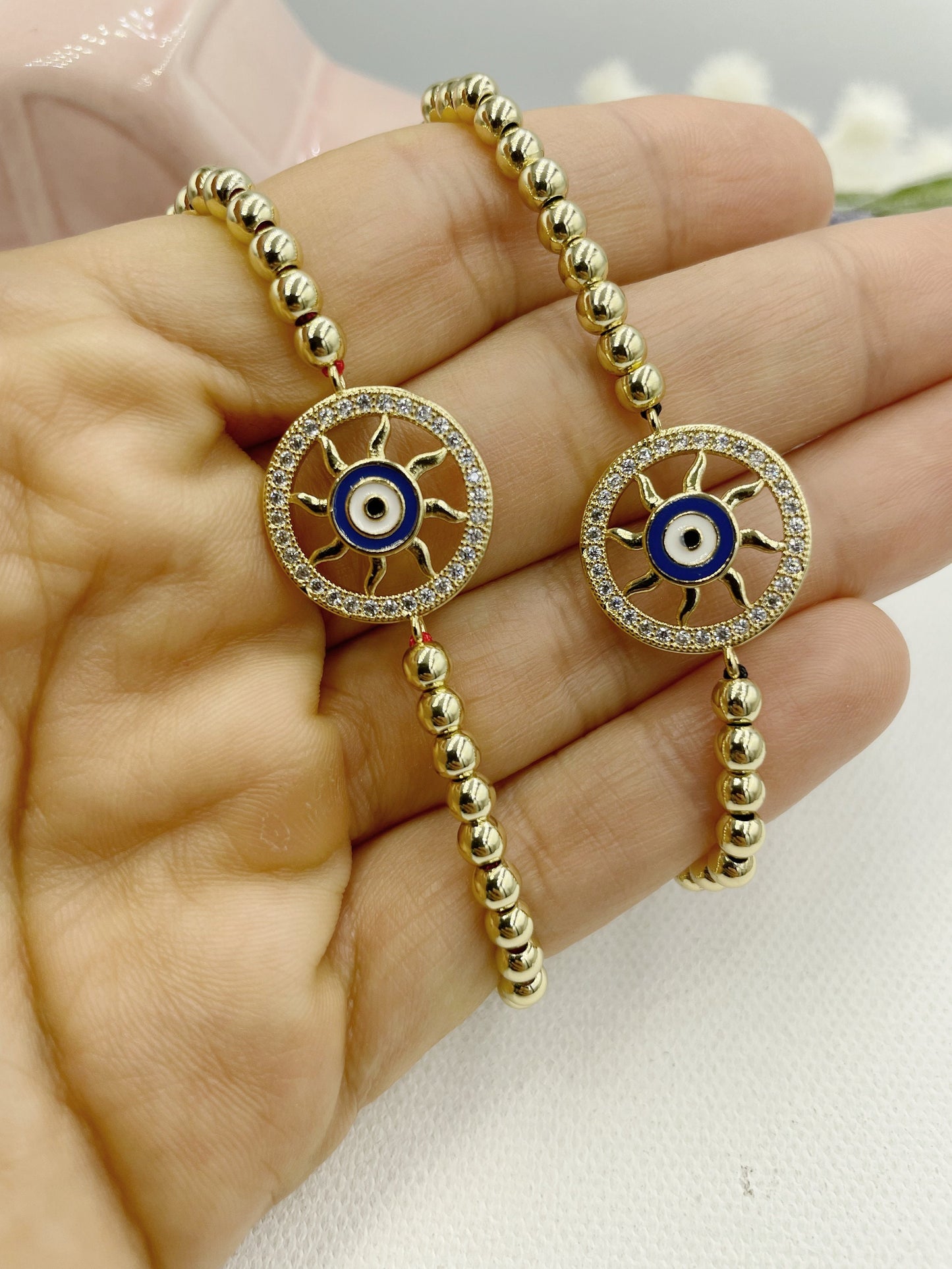 Cubic Zirconia Round Greek Eye Pendant Beaded Bracelet