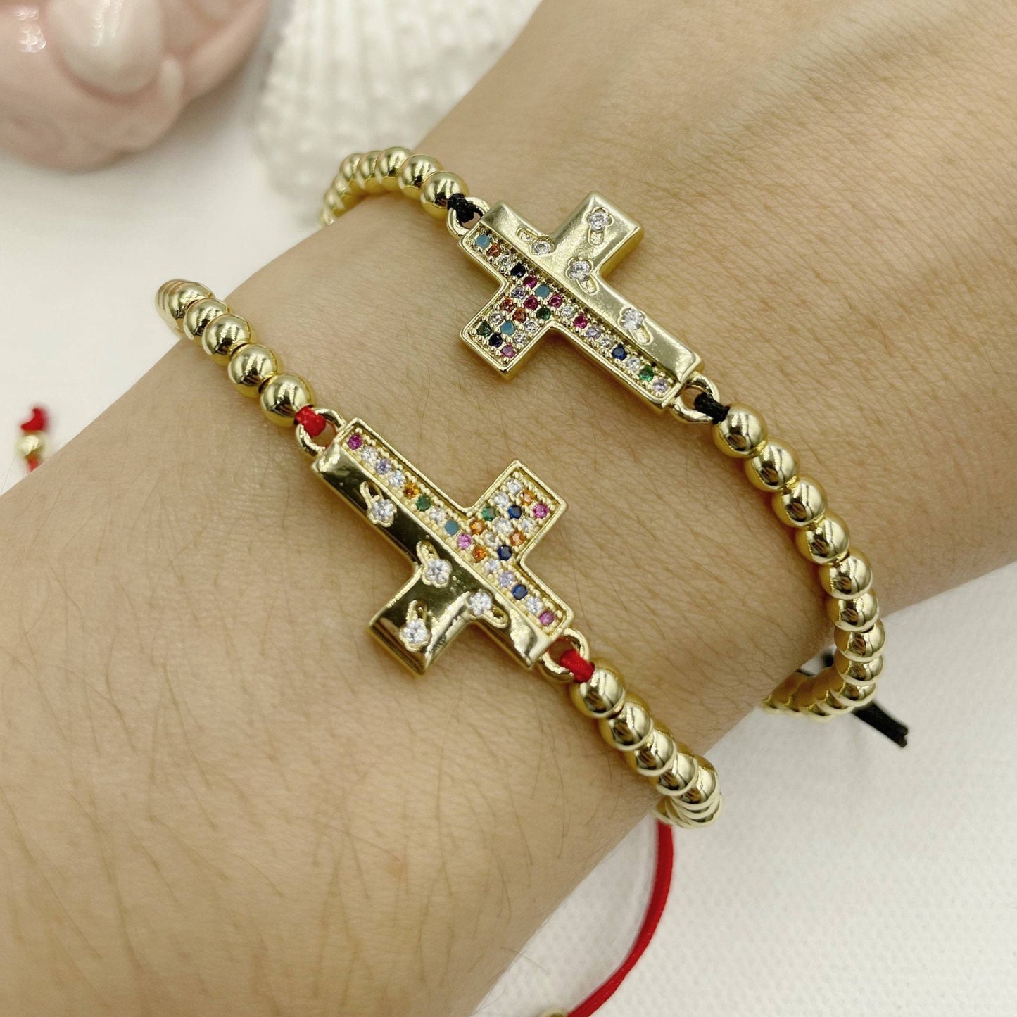 Beaded with Cubic Zirconia Cross Pendant Bracelet