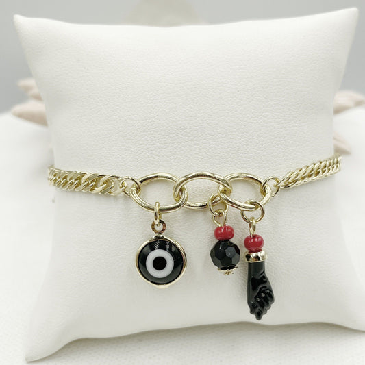 Figa Hand, Evil Eye, Black and Red Beaded Pendant Bracelet